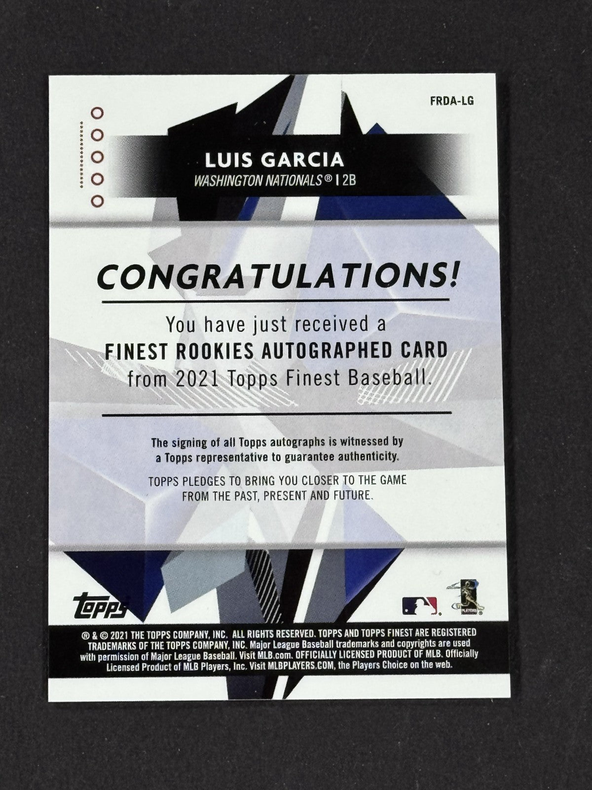 2021 Topps Finest Baseball Luis Garcia RC Auto /50 Washington Nationals Mint