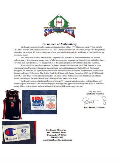 Dan Majerle FIBA USA Basketball Game Issued 1994 Champion Pro Cut Jersey Sz 46