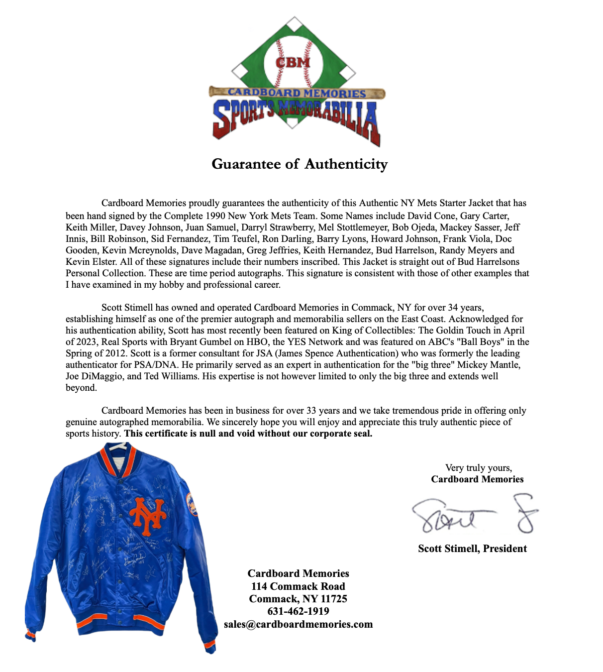 1989 NY Mets Complete Team Signed Auth Starter Jacket Strawberry 29 Auto COA 1/1