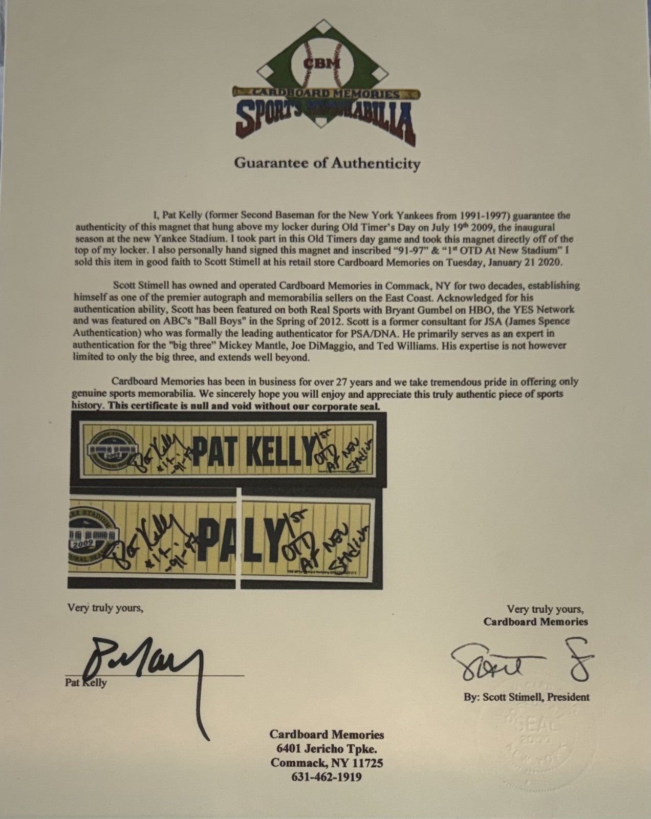 Pat Kelly Signed Yankees 2009 Game Used Locker Nameplate 91-97 1st OTD Auto COA