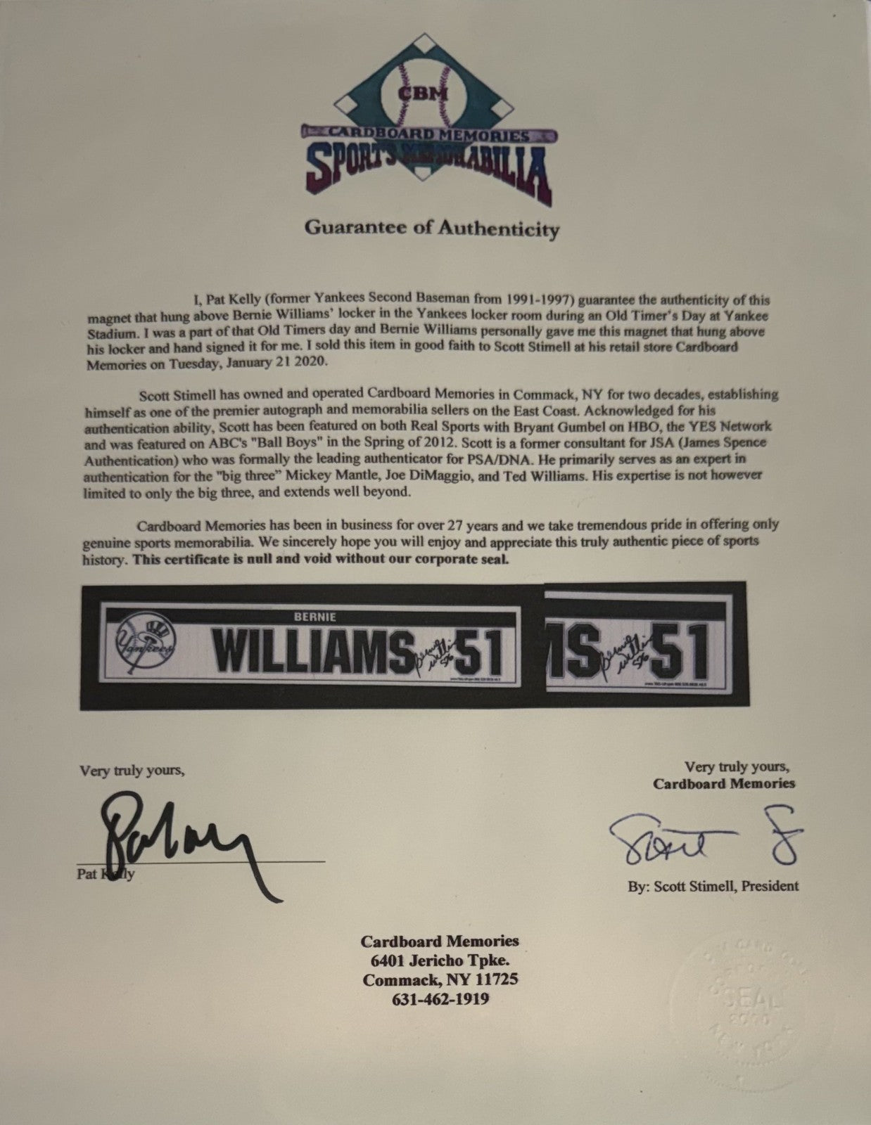 Bernie Williams Signed NY Yankees Game Used Locker Nameplate Old Timers Day Coa