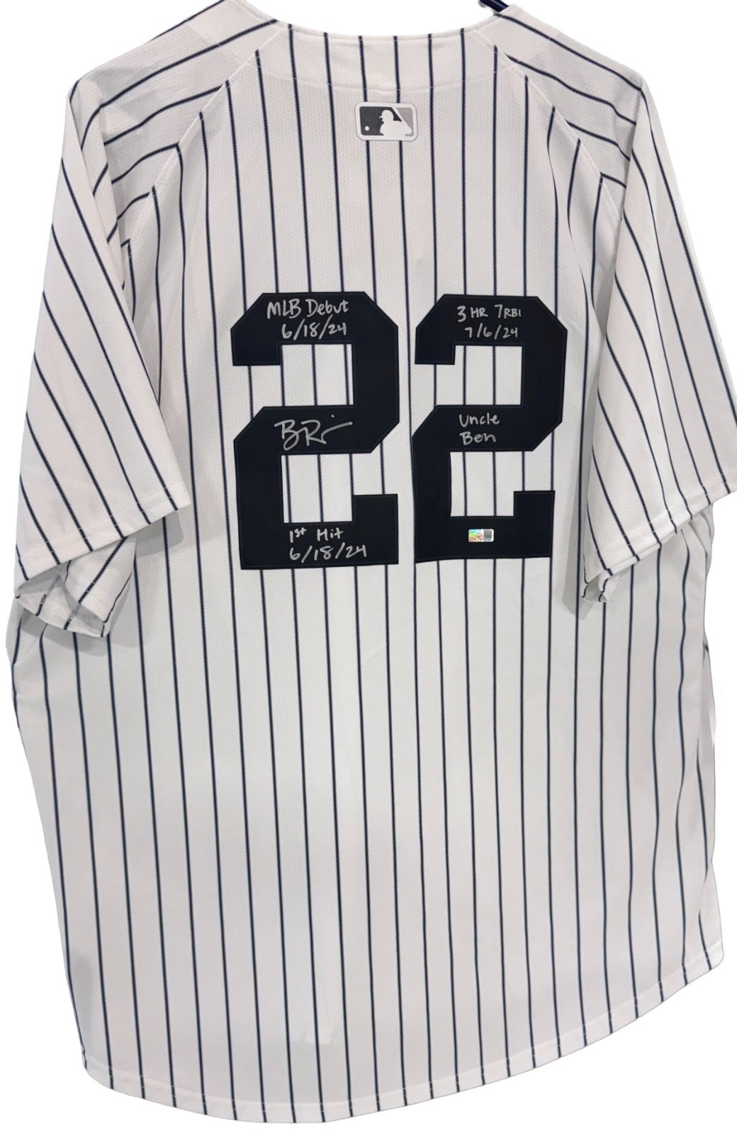 Ben Rice Signed New York Yankees #22 Nike Jersey Size XL 4 Stat Auto Steiner COA