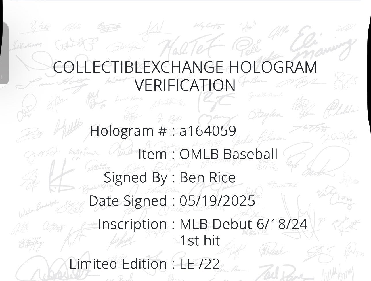Ben Rice Signed Official Baseball Yankees Mlb Debut 1st Hit Auto /22 Steiner COA