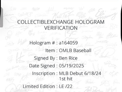 Ben Rice Signed Official Baseball Yankees Mlb Debut 1st Hit Auto /22 Steiner COA