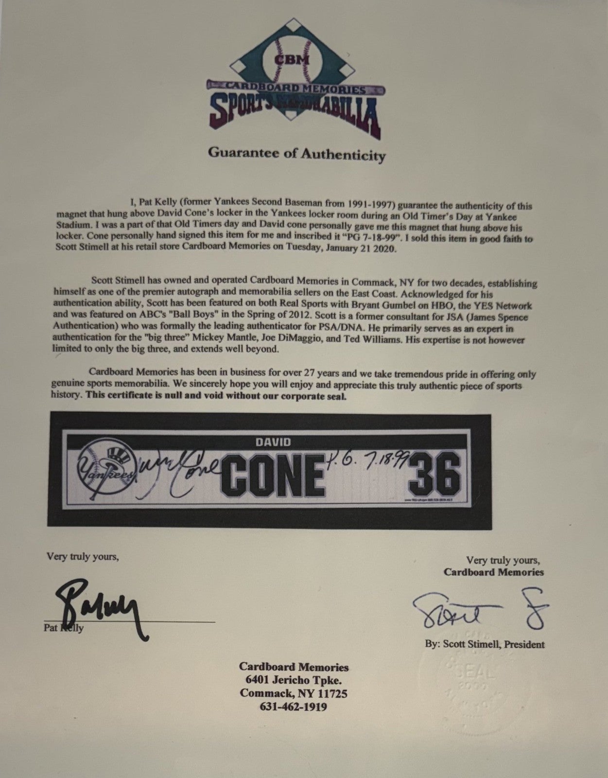 David Cone Signed Yankees Old Timers Day Game Used Locker Nameplate PG Auto COA