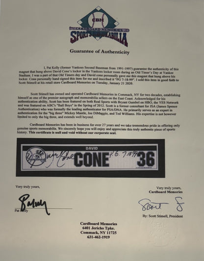 David Cone Signed Yankees Old Timers Day Game Used Locker Nameplate PG Auto COA