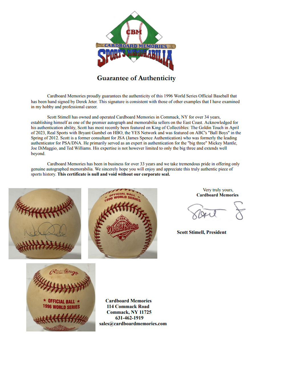 Derek Jeter Signed 1996 Official World Series Baseball HOF NY Yankees Auto COA