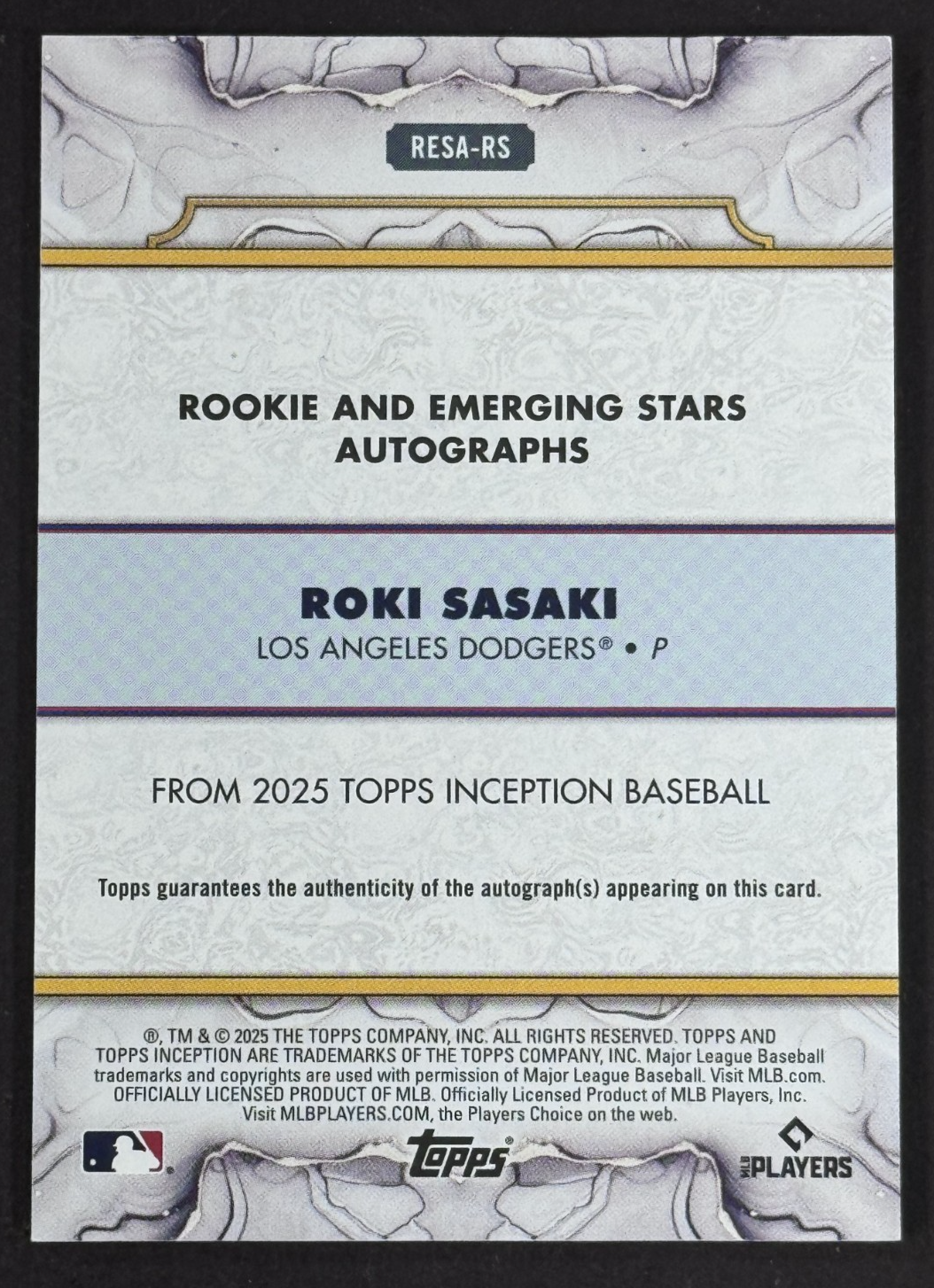 2025 Topps Inception Roki Sasaki Rookie Auto LE  /75 #RESA-RS LA Dodgers RC Mint