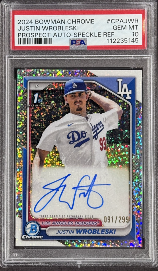 2024 Bowman Chrome Justin Wrobleski Speckle Auto /299 PSA 10 Mint Dodgers Rookie