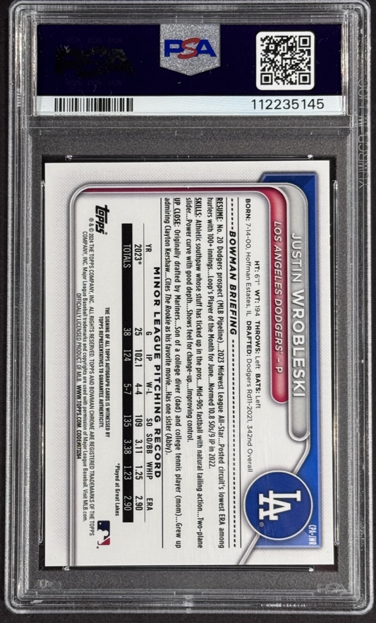 2024 Bowman Chrome Justin Wrobleski Speckle Auto /299 PSA 10 Mint Dodgers Rookie