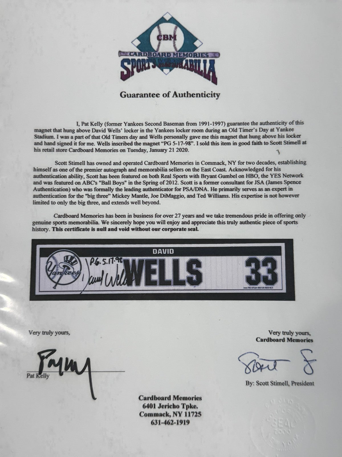 David Wells Signed Yankees Old Timers Day Game Used Locker Nameplate PG Auto COA