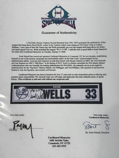 David Wells Signed Yankees Old Timers Day Game Used Locker Nameplate PG Auto COA