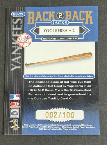 2001 Donruss Elite YOGI BERRA Back 2 Back Jacks Game Used Bat Auto 2/100 Yankees