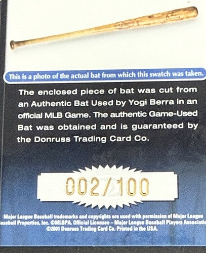 2001 Donruss Elite YOGI BERRA Back 2 Back Jacks Game Used Bat Auto 2/100 Yankees