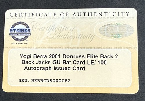 2001 Donruss Elite YOGI BERRA Back 2 Back Jacks Game Used Bat Auto 2/100 Yankees