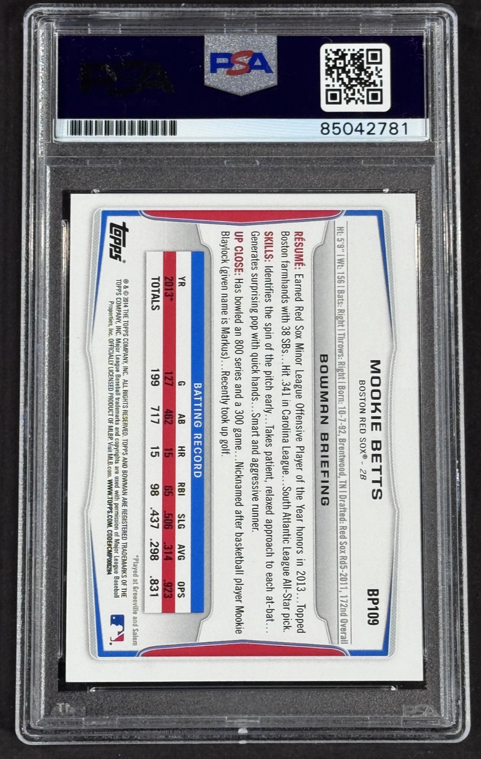2014 Topps Bowman Mookie Betts Signed RC Auto Grade PSA 10 Gem MT Dodgers Rookie