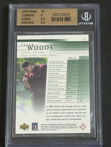 2001 Upper Deck Tiger Woods Rookie RC #1 BGS 9.5 GEM MINT 10 Centering