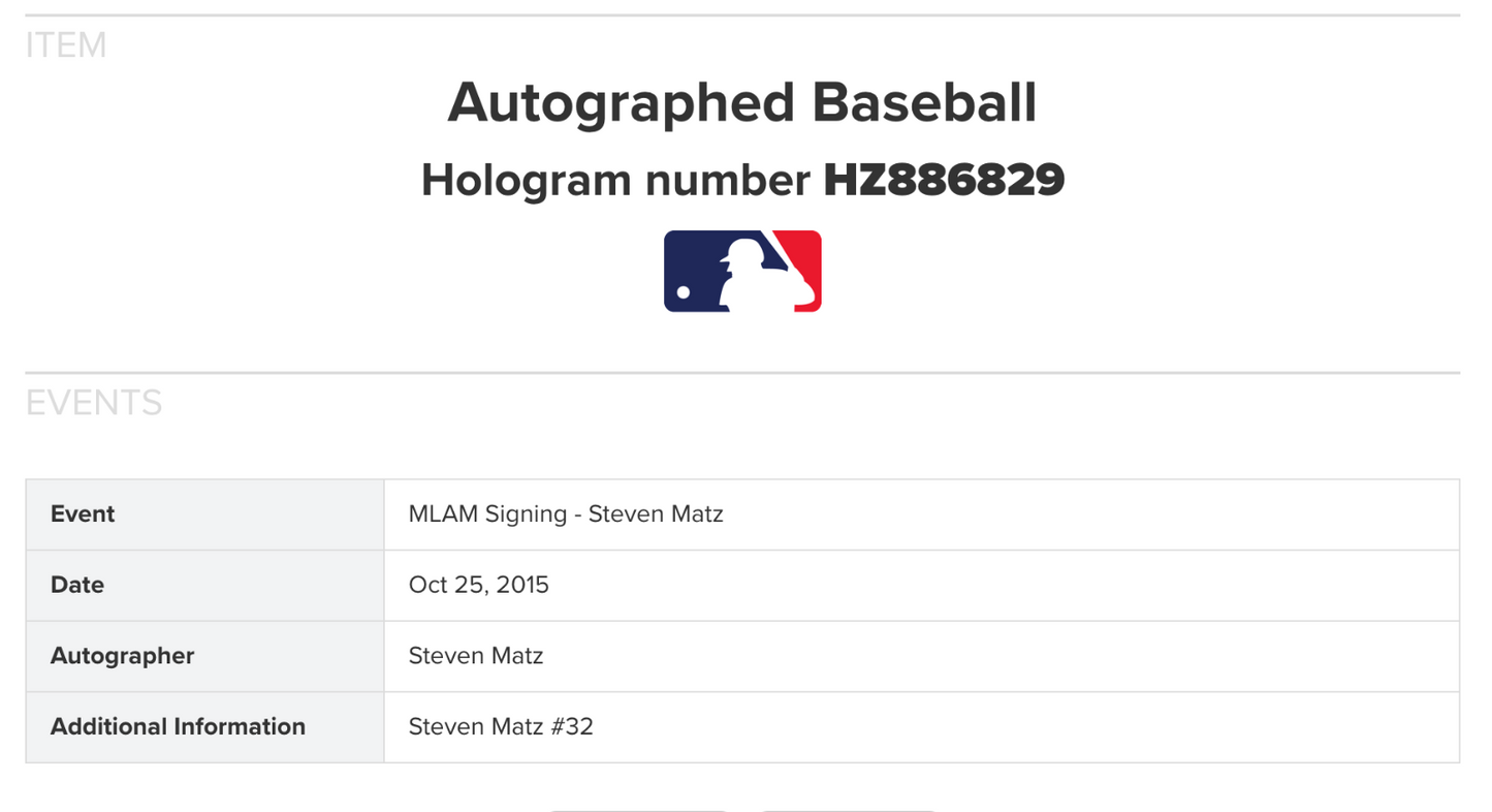 Steven Matz Signed Official MLB Baseball Auto MLB Holo COA NY Mets TB Rays