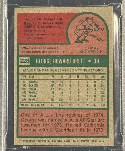 1975 Topps Mini Set-Break #228 George Brett RC Mint Graded 9 Rookie Sharp Beauty