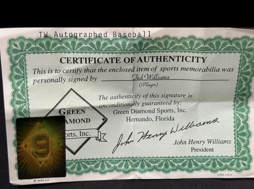 Ted Williams signed Official A.L Baseball HOF Auto Green Diamond # 9 Holo Coa