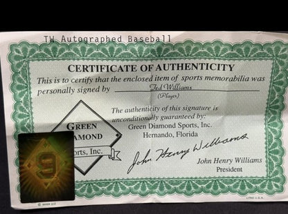 Ted Williams signed Official A.L Baseball HOF Auto Green Diamond # 9 Holo Coa