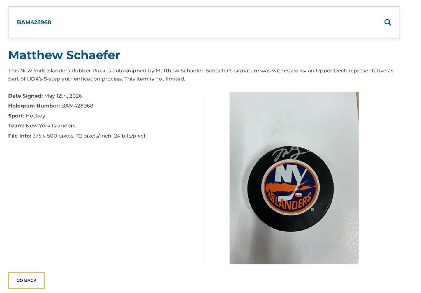 Matthew Schaefer Signed NY Islanders Logo Puck Rookie Auto UDA COA Calder ROY
