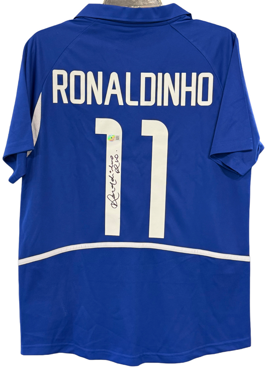 Ronaldinho Signed Nike Blue Brazil National Team Soccer Jersey Sz M Auto BAS COA