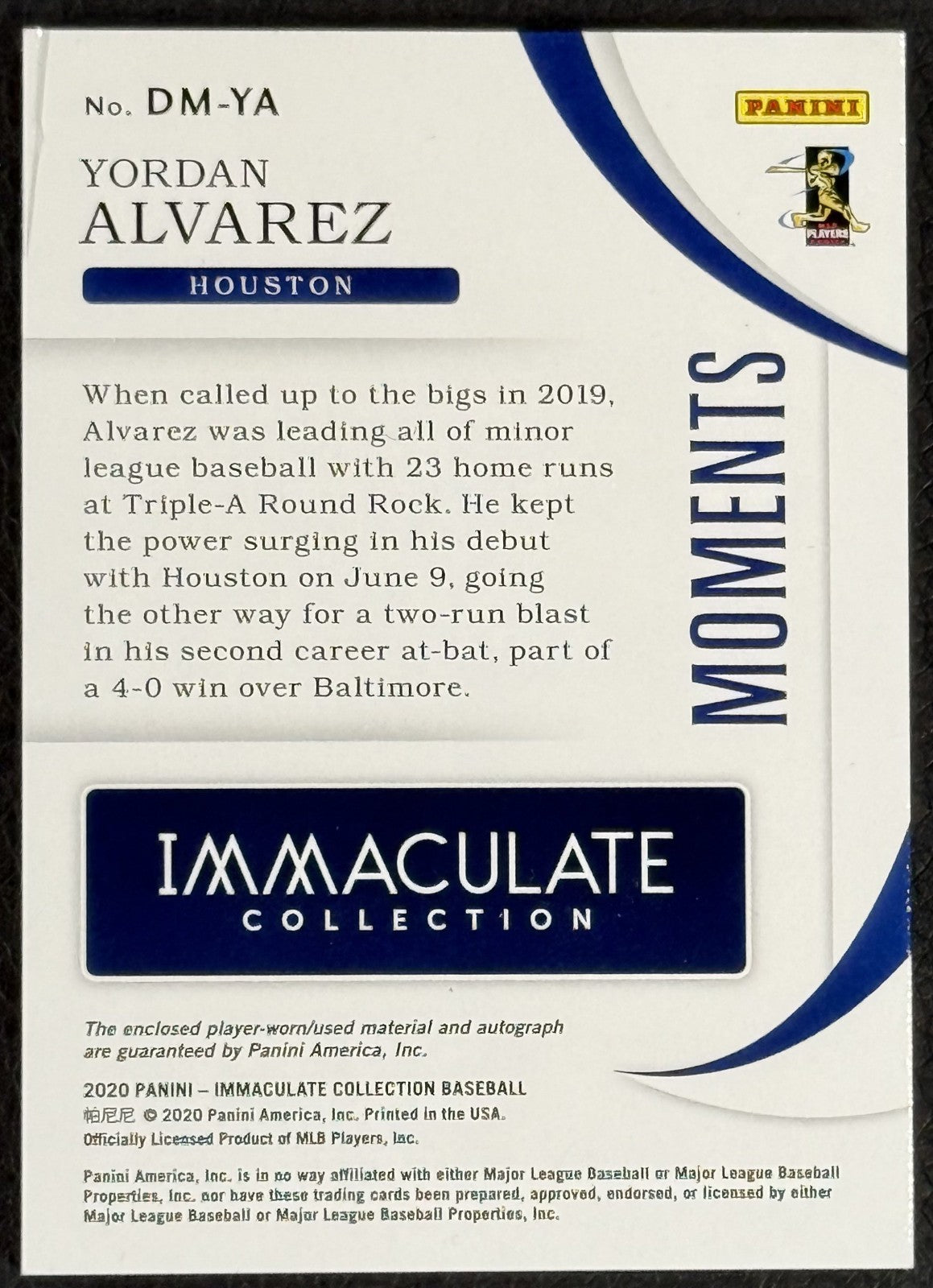 2020 Panini Immaculate Debut Moments Yordan Alvarez Patch Rookie Auto /99 Astros