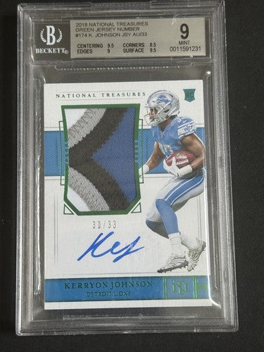 2018 National Treasures 4 Color Jersey Patch Lions K. Johnson /33 BGS 9 /10 Auto