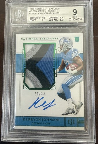 2018 National Treasures 4 Color Jersey Patch Lions K. Johnson /33 BGS 9 /10 Auto