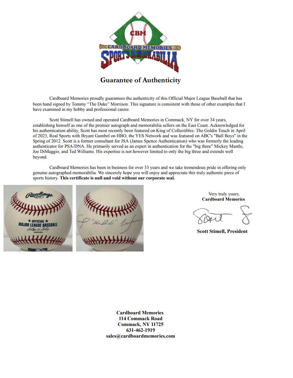 Tommy Morrison Signed Official MLB Baseball The Duke Auto WBO Champion Rocky COA