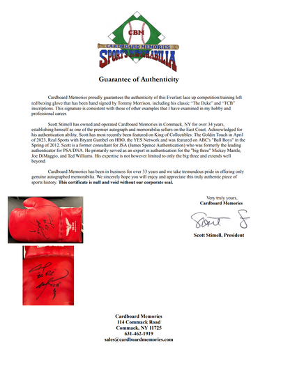 Tommy Morrison Signed 16 0z Red Boxing Glove The Duke TCB Auto Rocky CBM COA