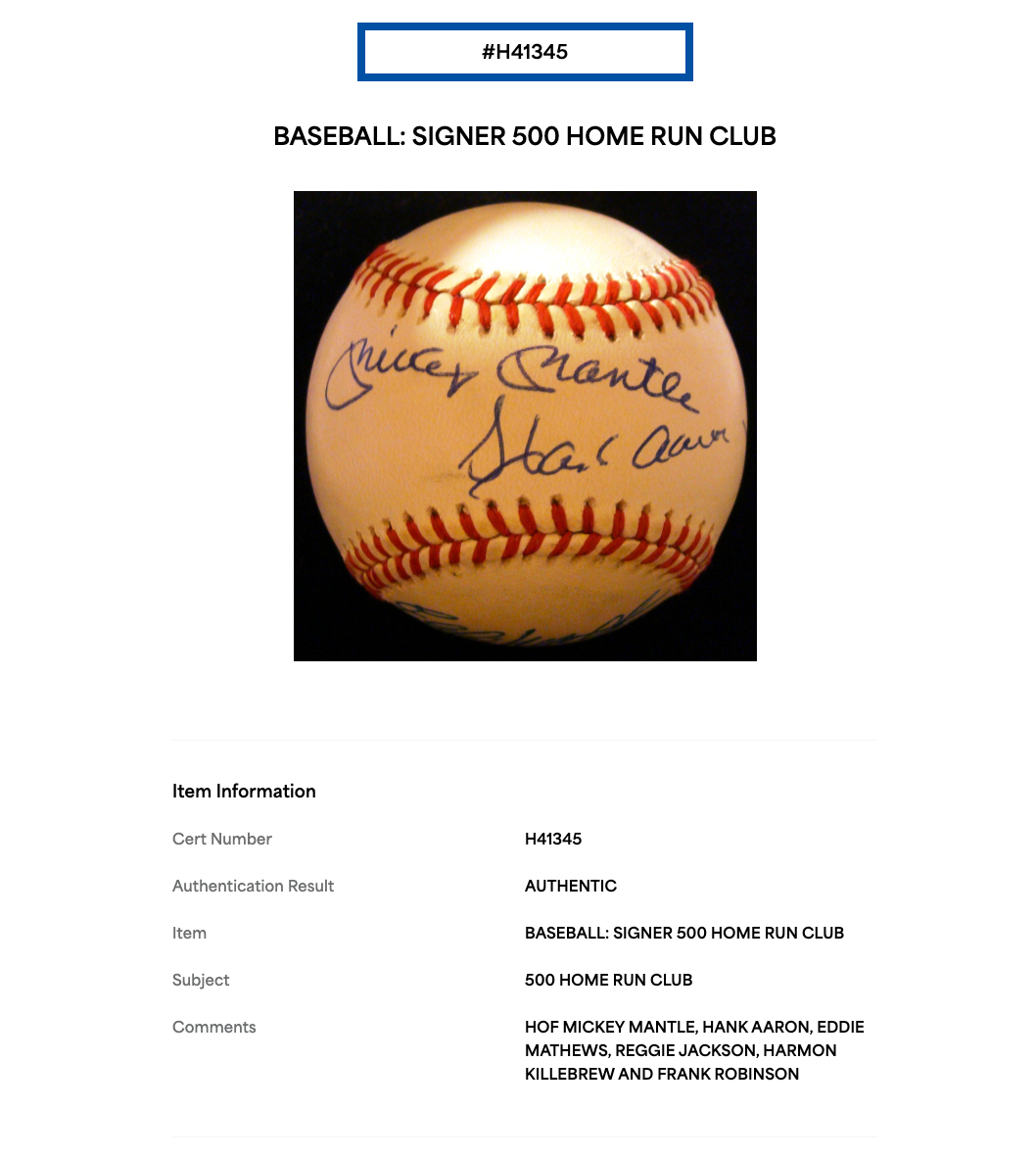 500 HR Club Signed NL Baseball Mickey Mantle Hank Aaron 6 Auto PSA LOA HOF