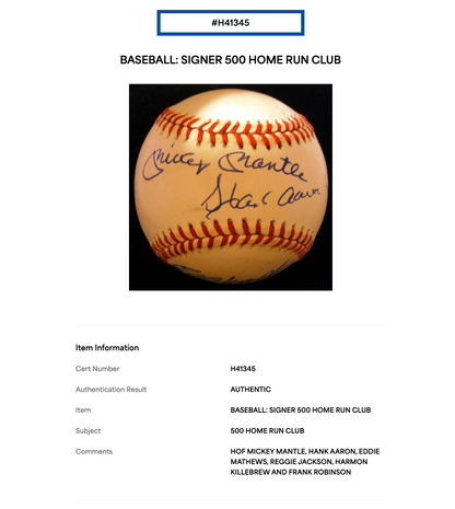 500 HR Club Signed NL Baseball Mickey Mantle Hank Aaron 6 Auto PSA LOA HOF