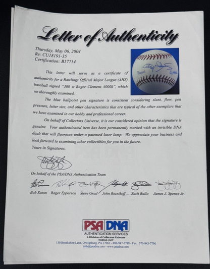 Roger Clemens Signed 100th Anniv NY Yankees Baseball 300W 4000K Auto PSA LOA HOF