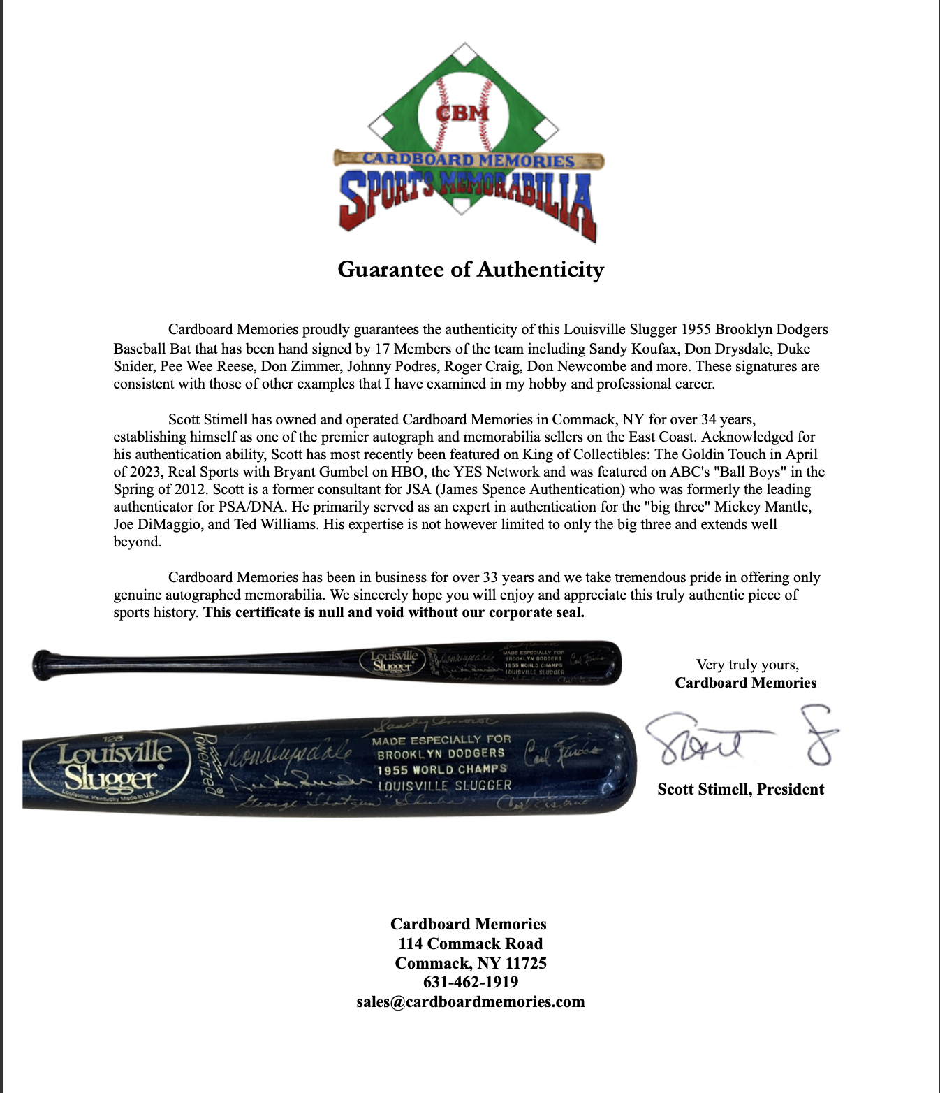 1955 Brooklyn Dodgers Team Signed LS Bat 17 Auto Koufax Reese Snider CBM COA HOF