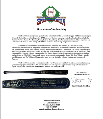 1955 Brooklyn Dodgers Team Signed LS Bat 17 Auto Koufax Reese Snider CBM COA HOF