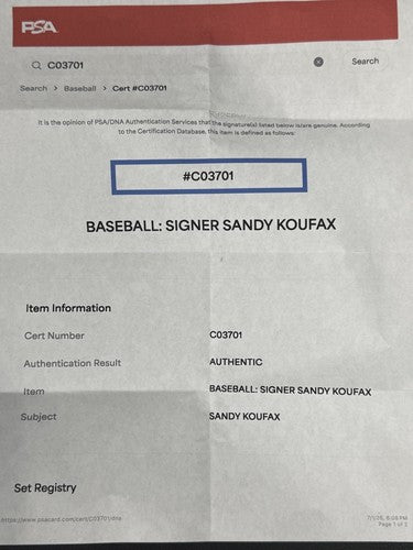 Sandy Koufax Dodgers Signed Official N.L Baseball Hof 72 Auto PSA Coa