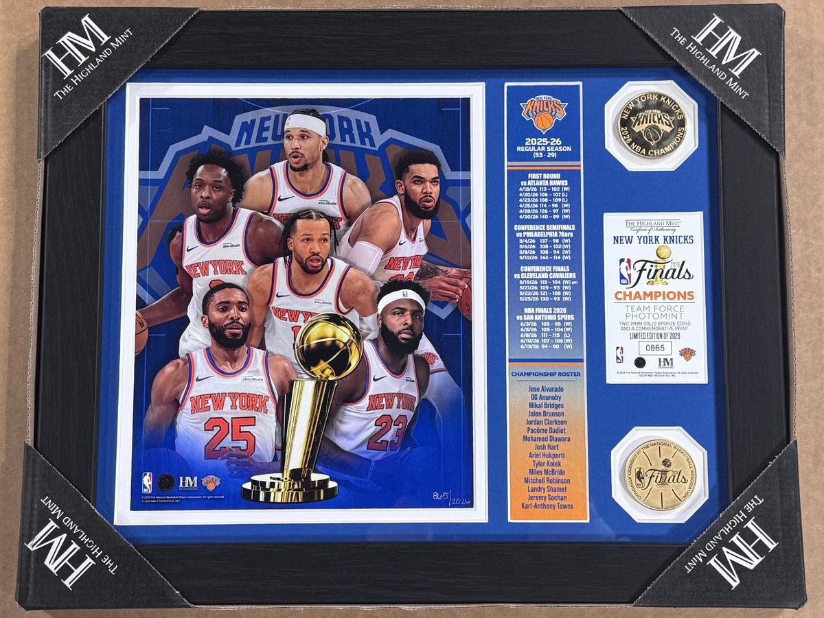 2026 NBA Finals Champions NY Knicks Photo Framed Highland Mint 2 Coin Brunson