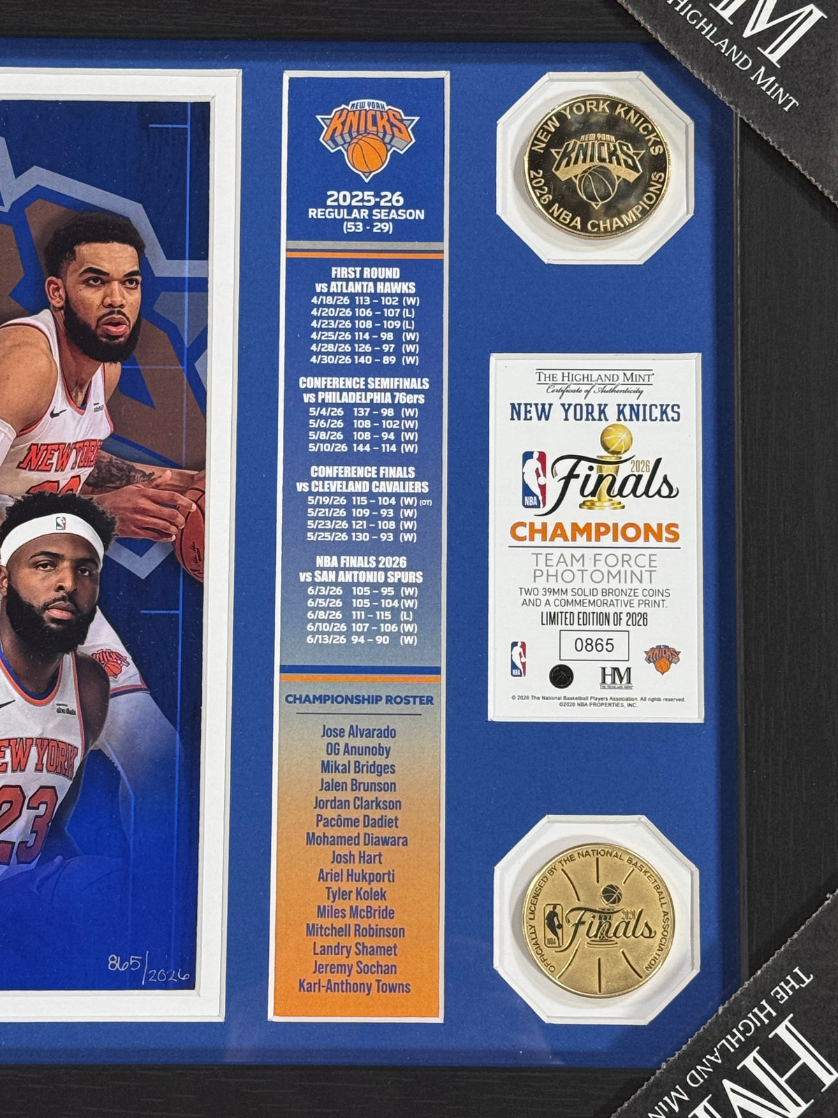2026 NBA Finals Champions NY Knicks Photo Framed Highland Mint 2 Coin Brunson