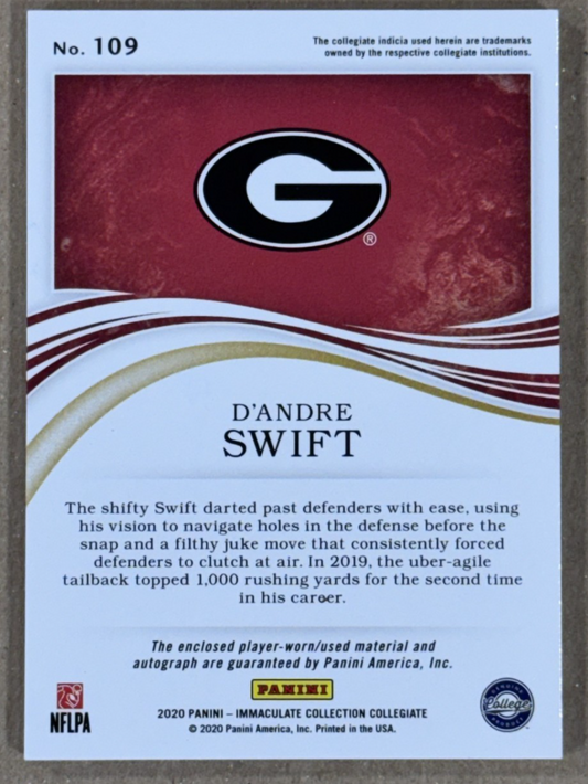 2020 Panini Immaculate Collegiate D'Andre Swift Patch Auto /10 Georgia RC Bears