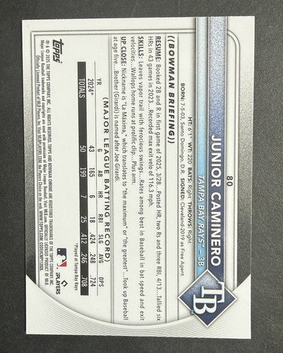 2025 Bowman Chrome Sapphire Junior Caminero Yellow Refractor Mint #66 /75 Rays
