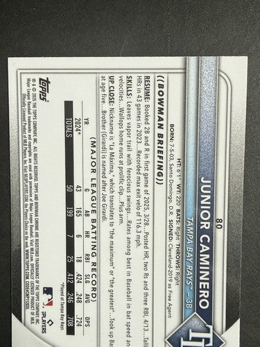 2025 Bowman Chrome Sapphire Junior Caminero Yellow Refractor Mint #66 /75 Rays