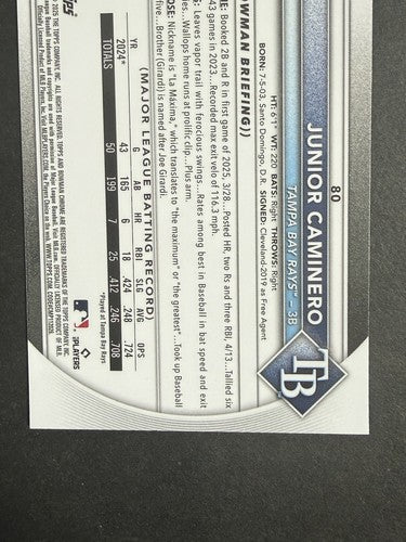 2025 Bowman Chrome Sapphire Junior Caminero Yellow Refractor Mint #66 /75 Rays