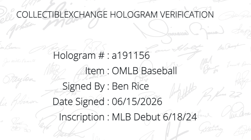 Ben Rice Signed Official MLB Baseball NY Yankees MLB Debut Auto Steiner COA