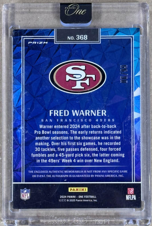 2024 Panini One Football Fred Warner Wonderful Ones Patch Auto /99 SF 49ers Mint