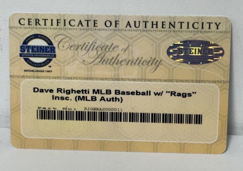 Dave Righetti Ny Yankees Signed Official Baseball Rags Auto Mlb & Steiner Coa
