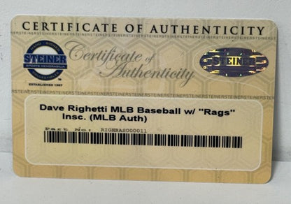 Dave Righetti Ny Yankees Signed Official Baseball Rags Auto Mlb & Steiner Coa