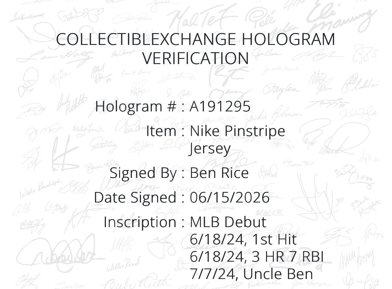Ben Rice Signed New York Yankees #22 Nike Jersey Size XL 4 Stat Auto CX COA