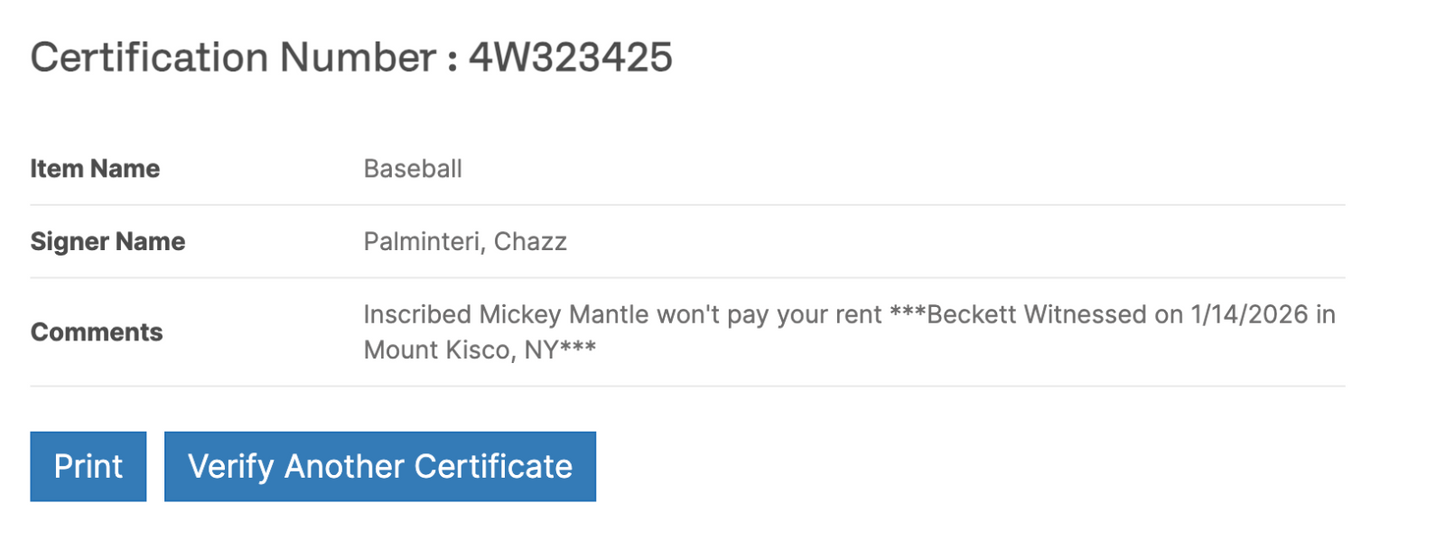 Chazz Palminteri Signed Baseball Mickey Mantle Won't Pay Your Rent Auto BAS COA